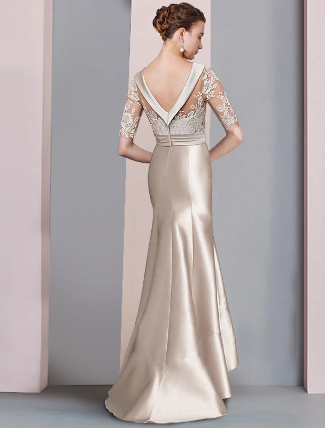 Wholesale Mermaid / Trumpet Mother of the Bride Dress Formal Fall Wedding Guest Dresses Elegant High Low Scoop Neck Sweep / Brush Train Asymmetrical Satin Lace Half Sleeve with Bow(s) Appliques