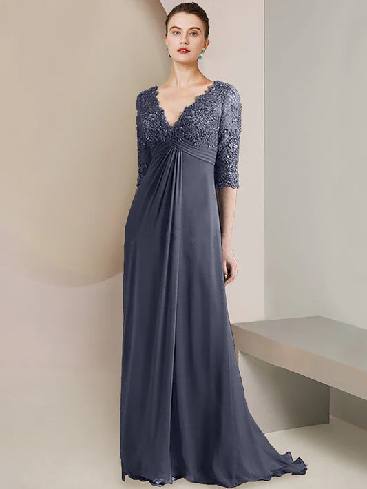 Wholesale A-Line Mother of the Bride Dress Formal Elegant V Neck Court Train Chiffon Lace Half Sleeve with Ruched Appliques