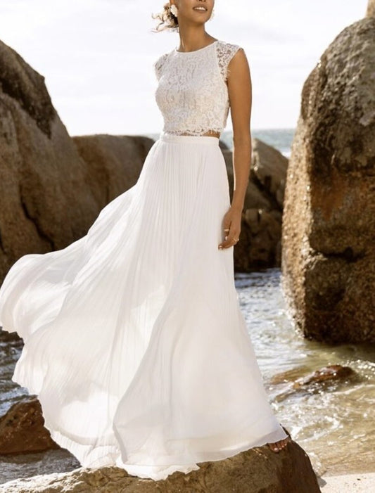 Wholesale Beach Boho Wedding Dresses Two Piece Scoop Neck Sleeveless Floor Length Chiffon Bridal Suits Bridal Gowns With Appliques Solid Color