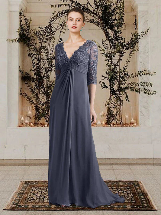 Wholesale A-Line Mother of the Bride Dress Elegant V Neck Sweep / Brush Train Chiffon Lace Half Sleeve with Appliques