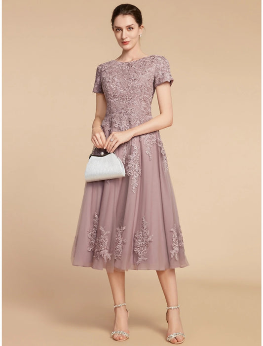 Wholesale A-Line Mother of the Bride Dress Wedding Guest Elegant Petite Jewel Neck Tea Length Lace Tulle Short Sleeve with Ruching Flower
