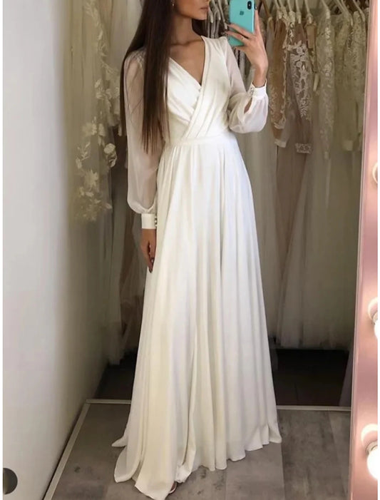 Wholesale Little White Dresses Wedding Dresses A-Line V Neck Long Sleeve Sweep / Brush Train Chiffon Bridal Gowns With Pleats Solid Color