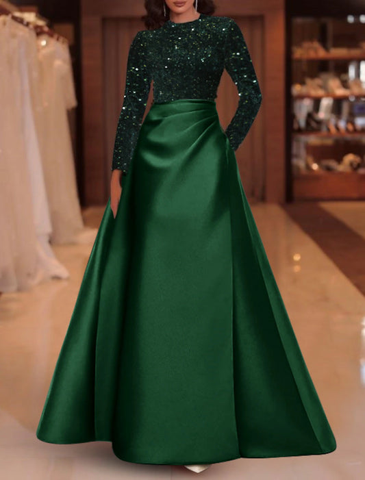 Wholesale A-Line Evening Gown Elegant Dress Christmas Red Green Dress Wedding Guest Floor Length Long Sleeve Jewel Neck Pocket Satin with Sequin