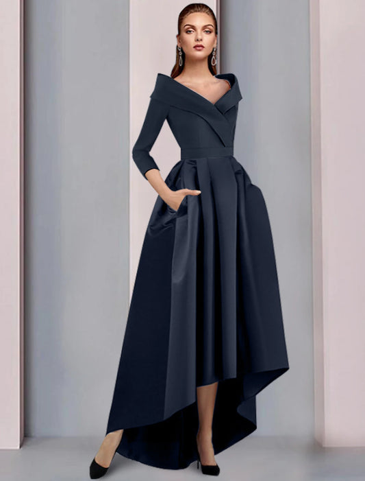Wholesale A-Line Mother of the Bride Dress Wedding Guest Elegant High Low Sweet Spaghetti Strap Asymmetrical Tea Length Satin 3/4 Length Sleeve with Pleats Fall
