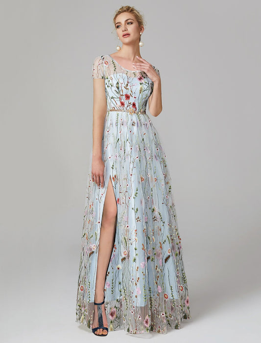 Wholesale  A-Line Prom Dresses Floral Dress Wedding Guest Formal Evening Floor Length Short Sleeve Illusion Neck Lace with Slit Appliques