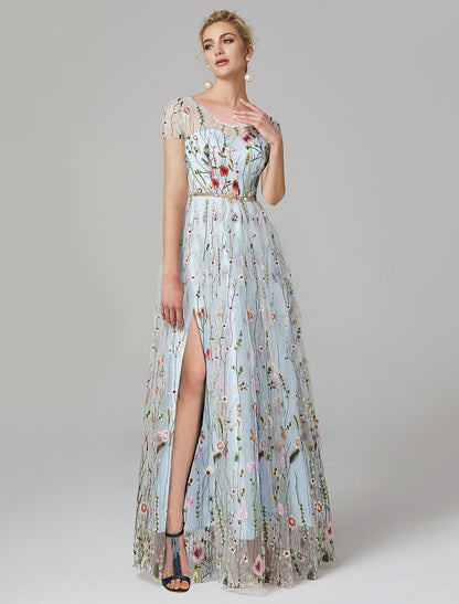 Wholesale  A-Line Prom Dresses Floral Dress Wedding Guest Formal Evening Floor Length Short Sleeve Illusion Neck Lace with Slit Appliques