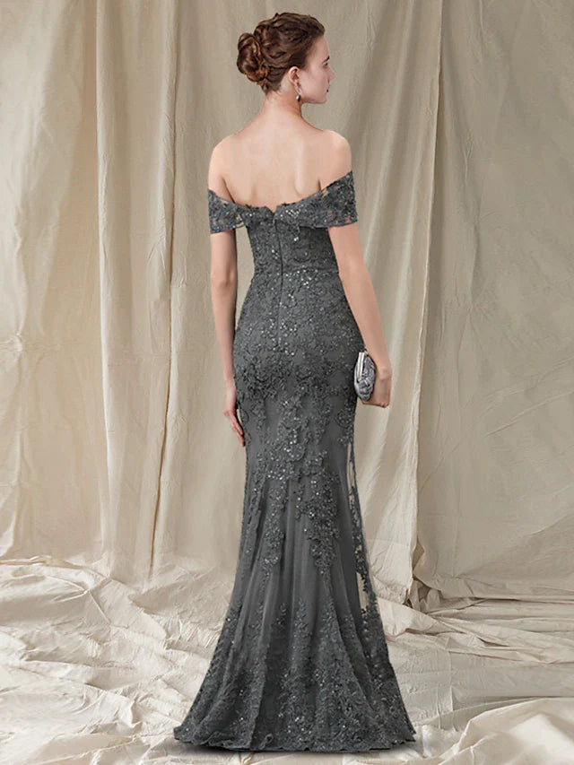 Wholesale Sheath / Column Mother of the Bride Dress Elegant Off Shoulder Floor Length Lace Tulle Sequined Sleeveless with Pleats Appliques