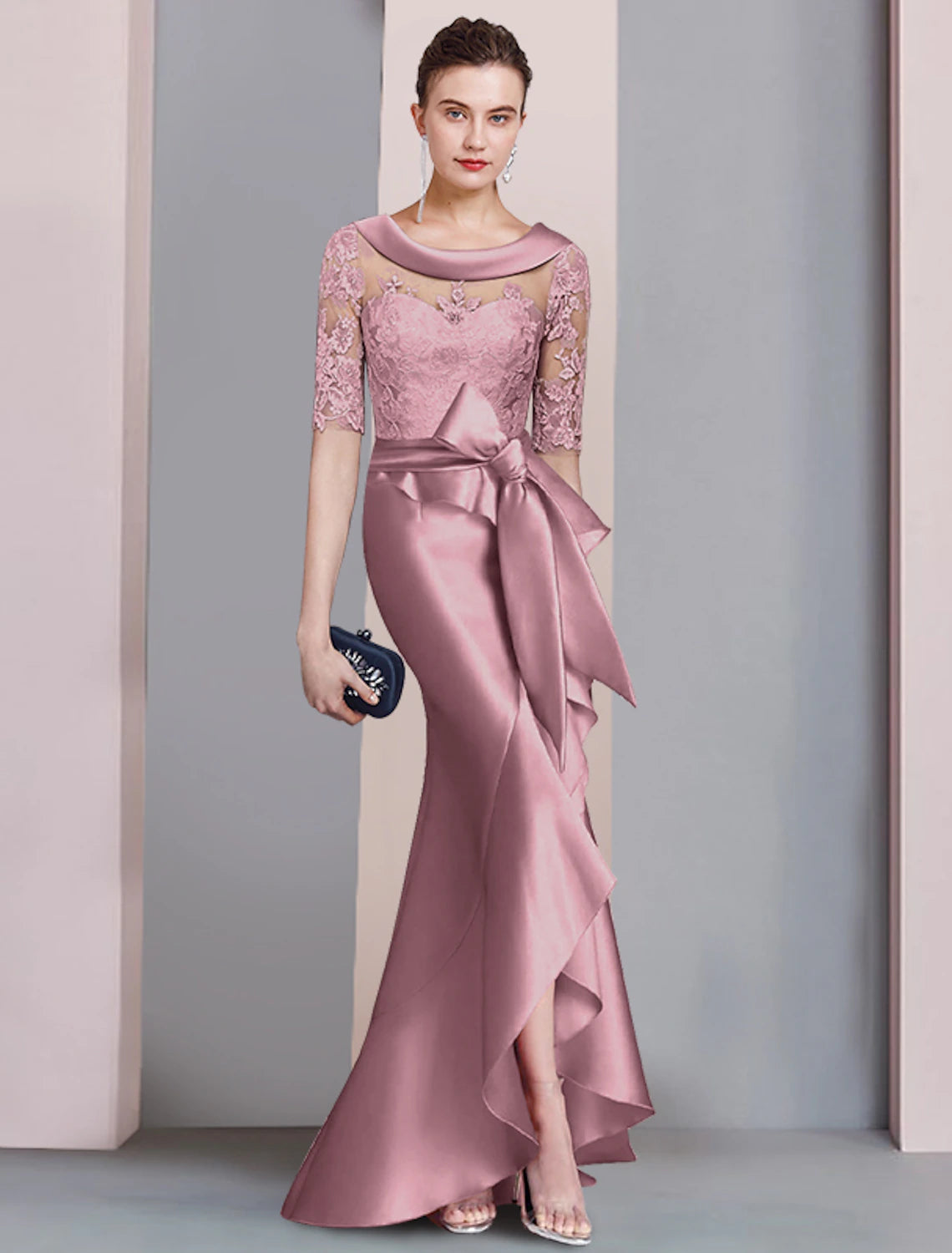 Wholesale Mermaid / Trumpet Mother of the Bride Dress Formal Fall Wedding Guest Dresses Elegant High Low Scoop Neck Sweep / Brush Train Asymmetrical Satin Lace Half Sleeve with Bow(s) Appliques