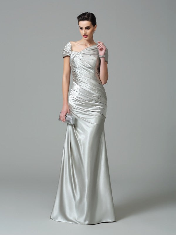 Wholesale Sheath/Column Off-the-Shoulder Pleats Sleeveless Long Silk like Satin Dresses