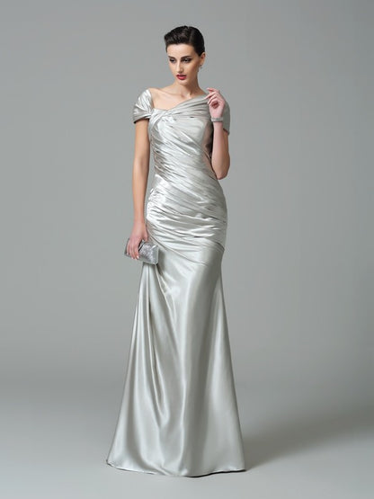 Wholesale Sheath/Column Off-the-Shoulder Pleats Sleeveless Long Silk like Satin Dresses