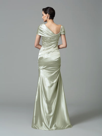 Wholesale Sheath/Column Off-the-Shoulder Pleats Sleeveless Long Silk like Satin Dresses