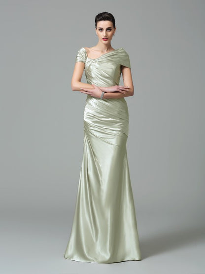 Wholesale Sheath/Column Off-the-Shoulder Pleats Sleeveless Long Silk like Satin Dresses