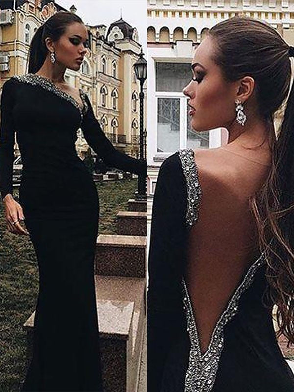 Wholesale Trumpet/Mermaid Long Sleeves One-Shoulder Spandex Beading Floor-Length Dresses