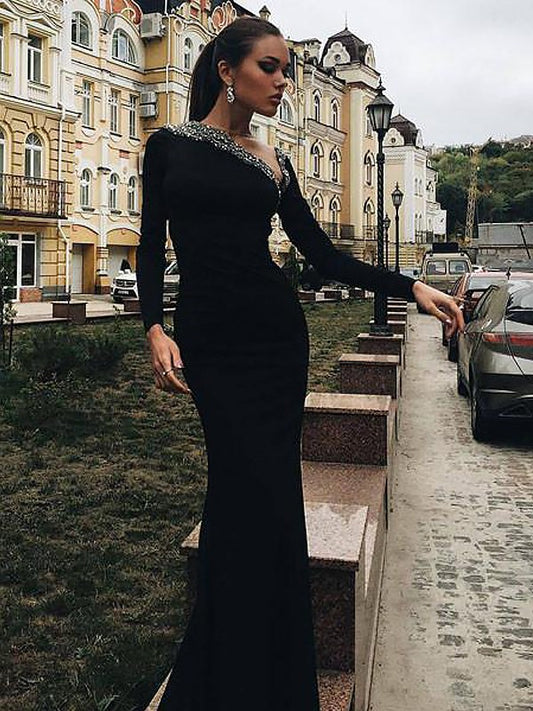 Wholesale Trumpet/Mermaid Long Sleeves One-Shoulder Spandex Beading Floor-Length Dresses