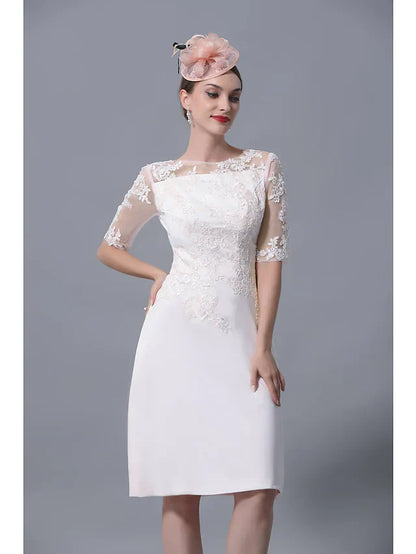 Wholesale Mother of the Bride Dress Plus Size Elegant Jewel Neck Knee Length Polyester Short Sleeve with Lace