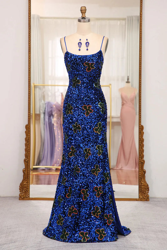 Wholesale Sparkly Royal Blue Lace Up Long Sequined Prom Dress With Slit prom dresses shops