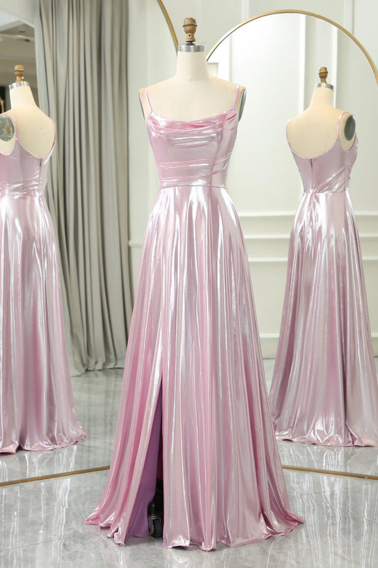 Wholesale Sparkly Pink A-Line Spaghetti Straps Long Prom Dress With Slit prom dresses shops