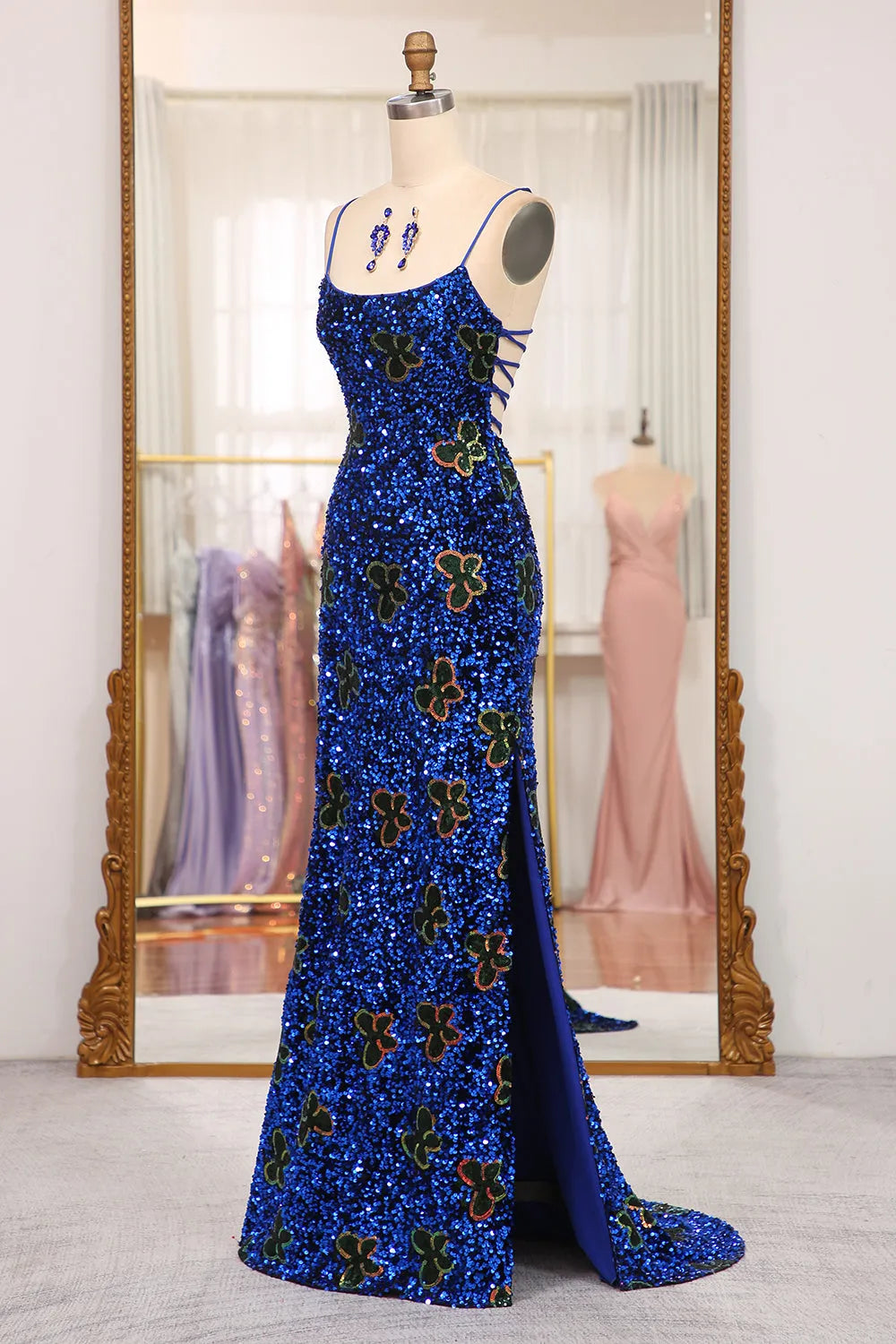 Wholesale Sparkly Royal Blue Lace Up Long Sequined Prom Dress With Slit prom dresses shops