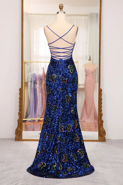 Wholesale Sparkly Royal Blue Lace Up Long Sequined Prom Dress With Slit prom dresses shops