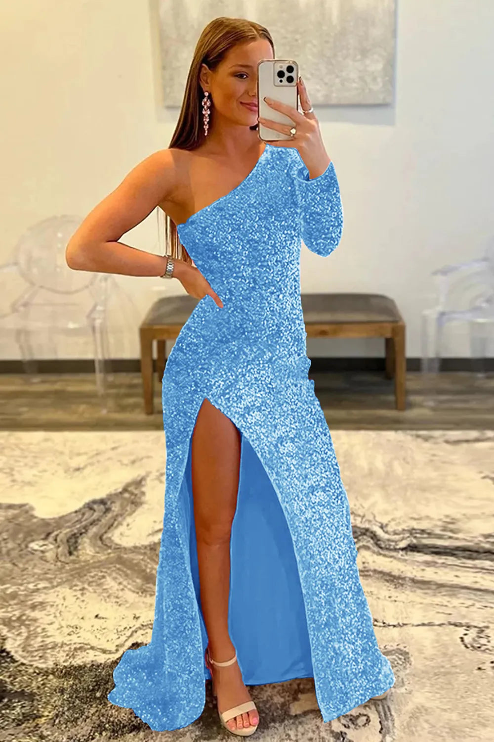 Wholesale Mermaid Glitter One-Shoulder Single Sleeve Prom Dress With Sequins prom dresses shops