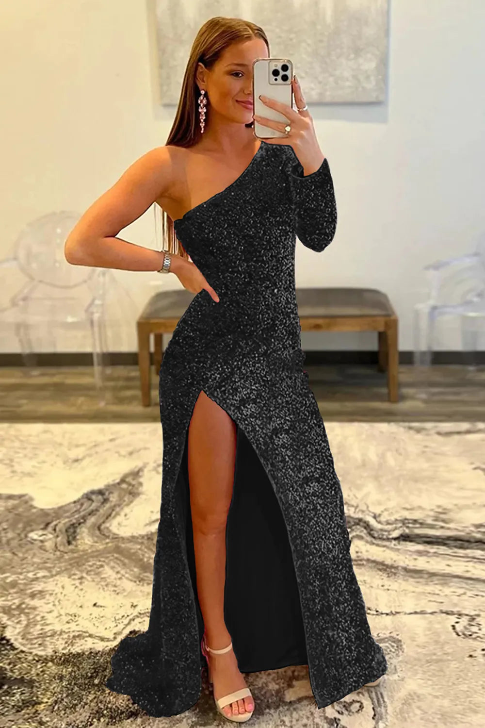 Wholesale Mermaid Glitter One-Shoulder Single Sleeve Prom Dress With Sequins prom dresses shops