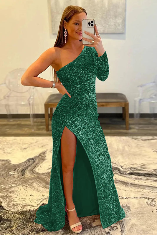 Wholesale Mermaid Glitter One-Shoulder Single Sleeve Prom Dress With Sequins prom dresses shops