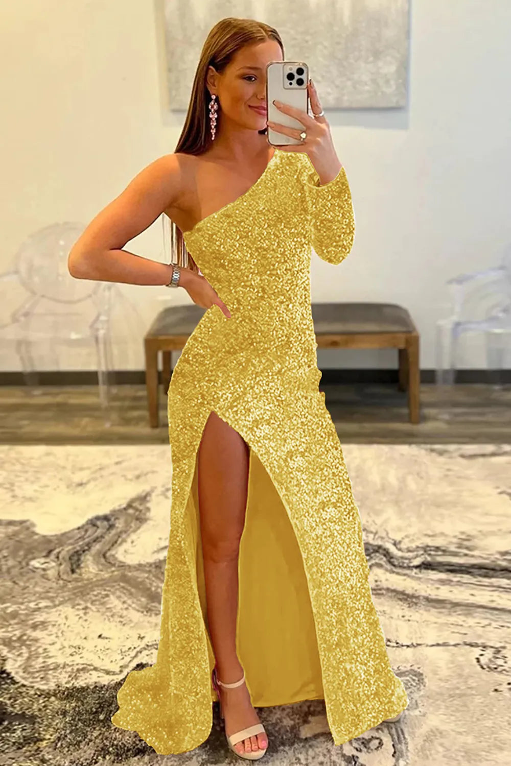 Wholesale Mermaid Glitter One-Shoulder Single Sleeve Prom Dress With Sequins prom dresses shops