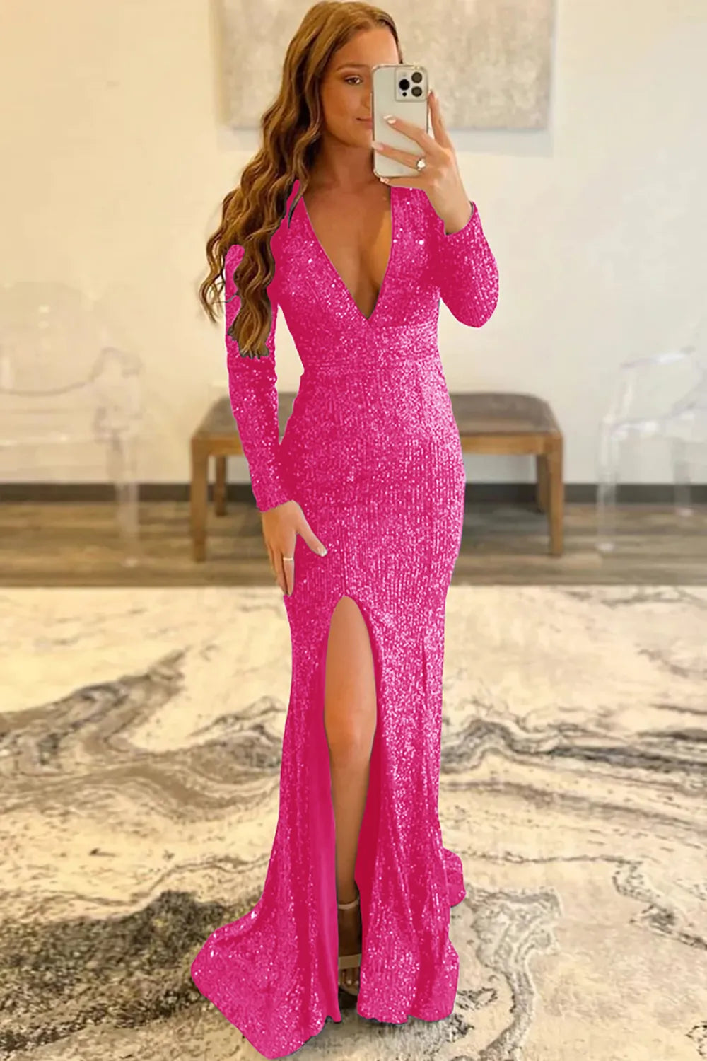 Wholesale Mermaid Glitter Fuchsia Sequins Mesh Evening Dress Backless Prom Dress prom dresses shops