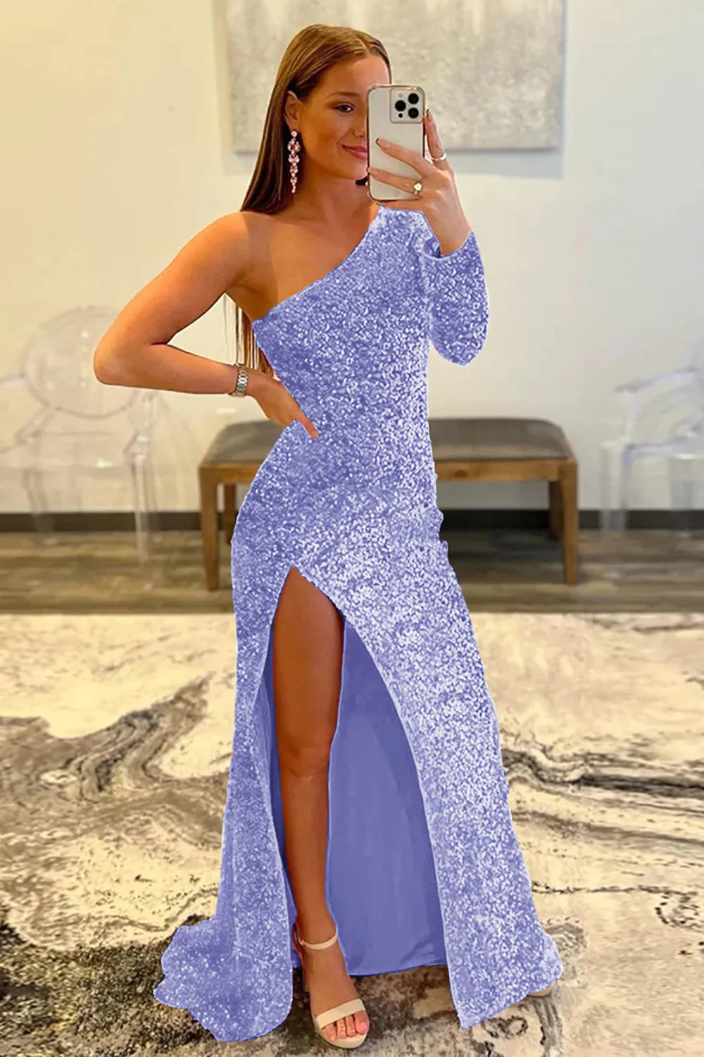 Wholesale Mermaid Glitter One-Shoulder Single Sleeve Prom Dress With Sequins prom dresses shops