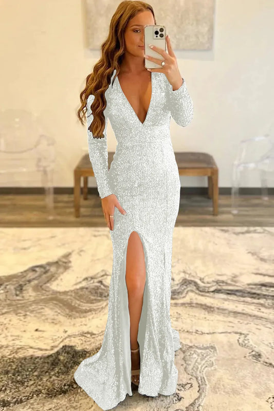 Wholesale Mermaid Glitter White Sequins Mesh Evening Dress Backless Prom Dress prom dresses shops