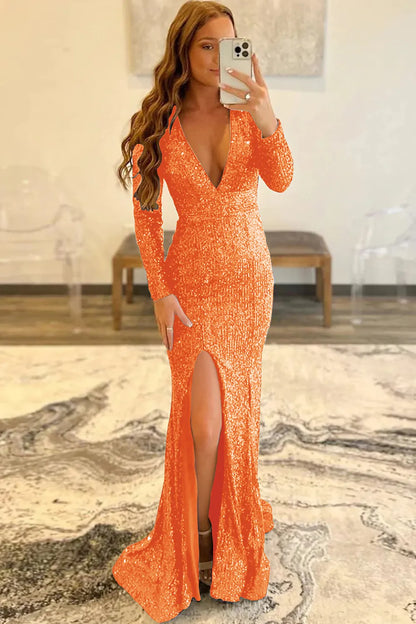 Wholesale Mermaid Glitter Orange Sequins Mesh Evening Dress Backless Prom Dress prom dresses shops