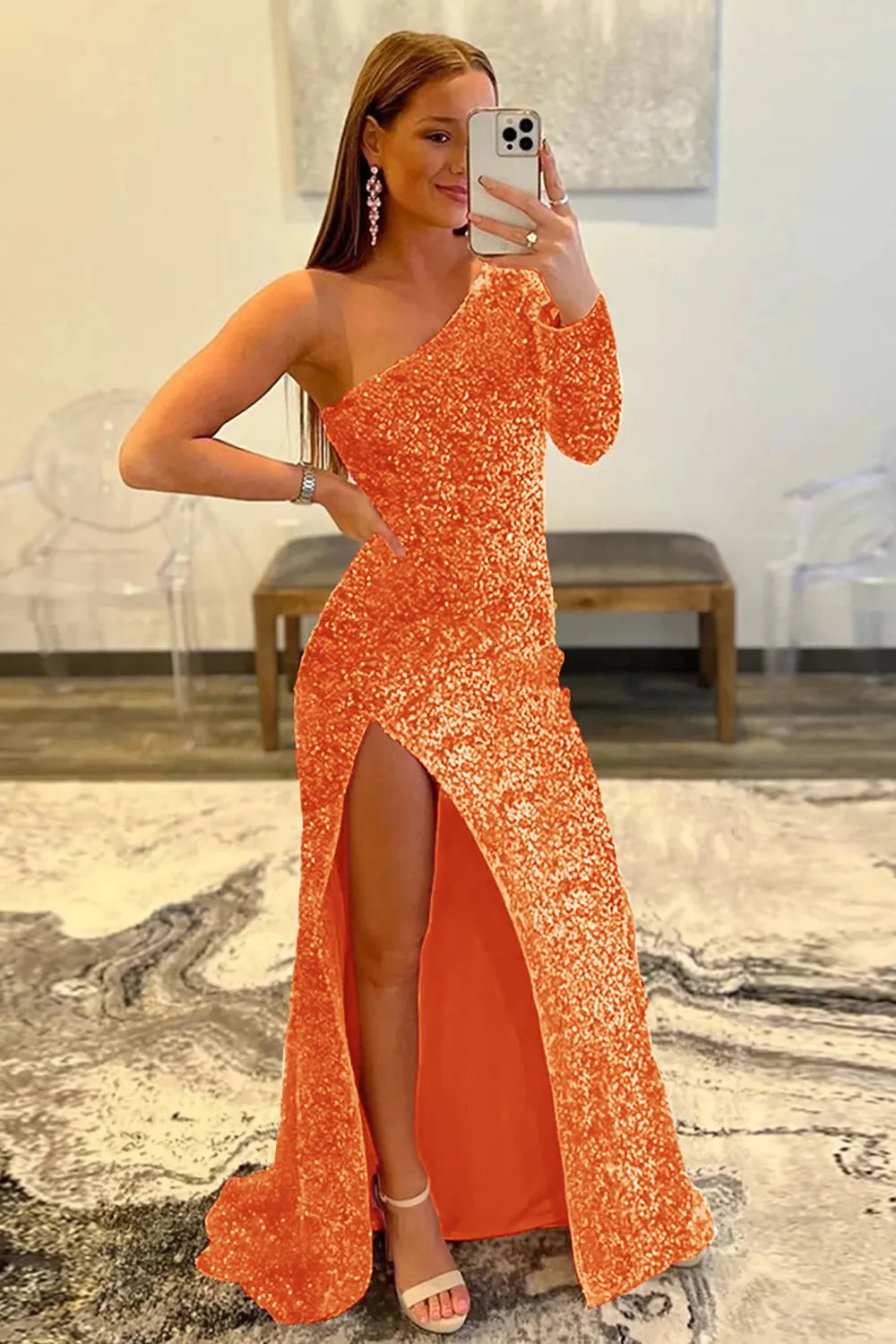 Wholesale Mermaid Glitter One-Shoulder Single Sleeve Prom Dress With Sequins prom dresses shops