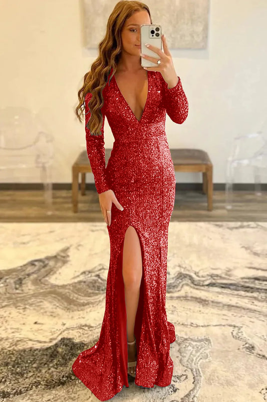 Wholesale Mermaid Glitter Red Sequins Mesh Evening Dress Backless Prom Dress prom dresses shops