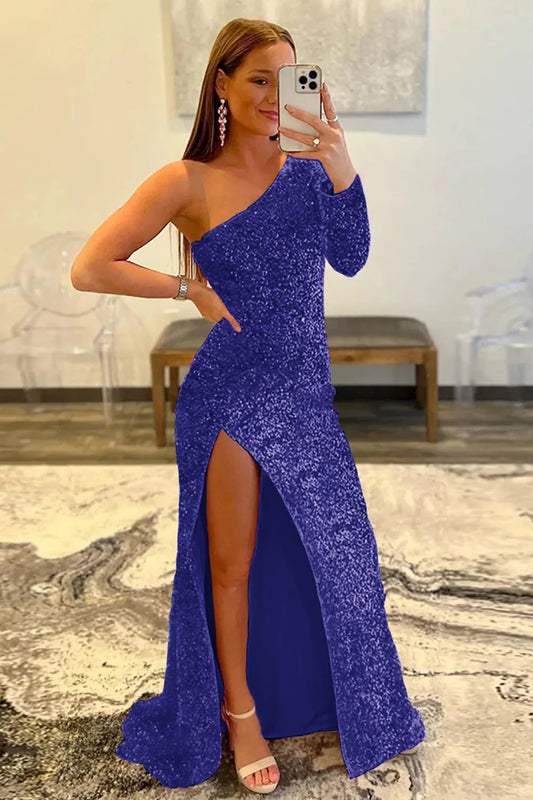 Wholesale Mermaid Glitter One-Shoulder Single Sleeve Prom Dress With Sequins prom dresses shops