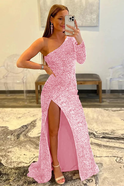 Wholesale Mermaid Glitter One-Shoulder Single Sleeve Prom Dress With Sequins prom dresses shops