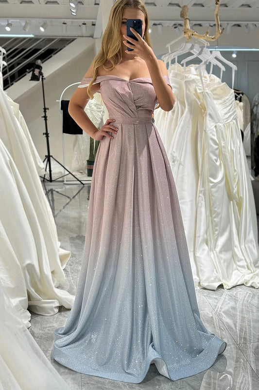 Wholesale Glitter Blush A-Line Off the Shoulder Long Corset Prom Dress prom dresses shops