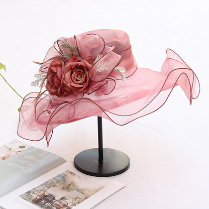 Wholesale Fascinators Kentucky Derby Hat Headwear Organza Bucket Hat Straw Hat Sun Hat Holiday Beach Elegant Vintage With Feather Floral Headpiece Headwear