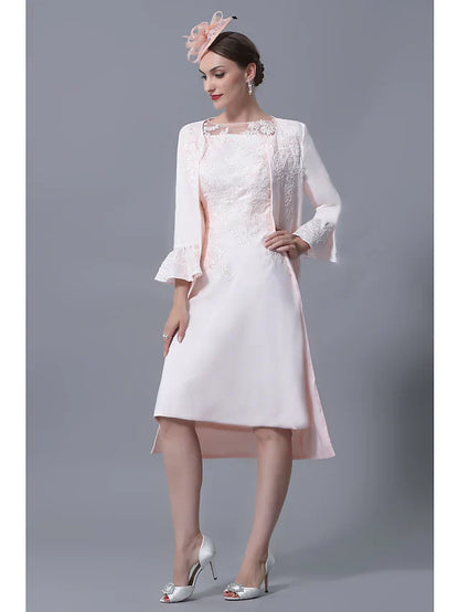 Wholesale Mother of the Bride Dress Plus Size Elegant Jewel Neck Knee Length Polyester Short Sleeve with Lace