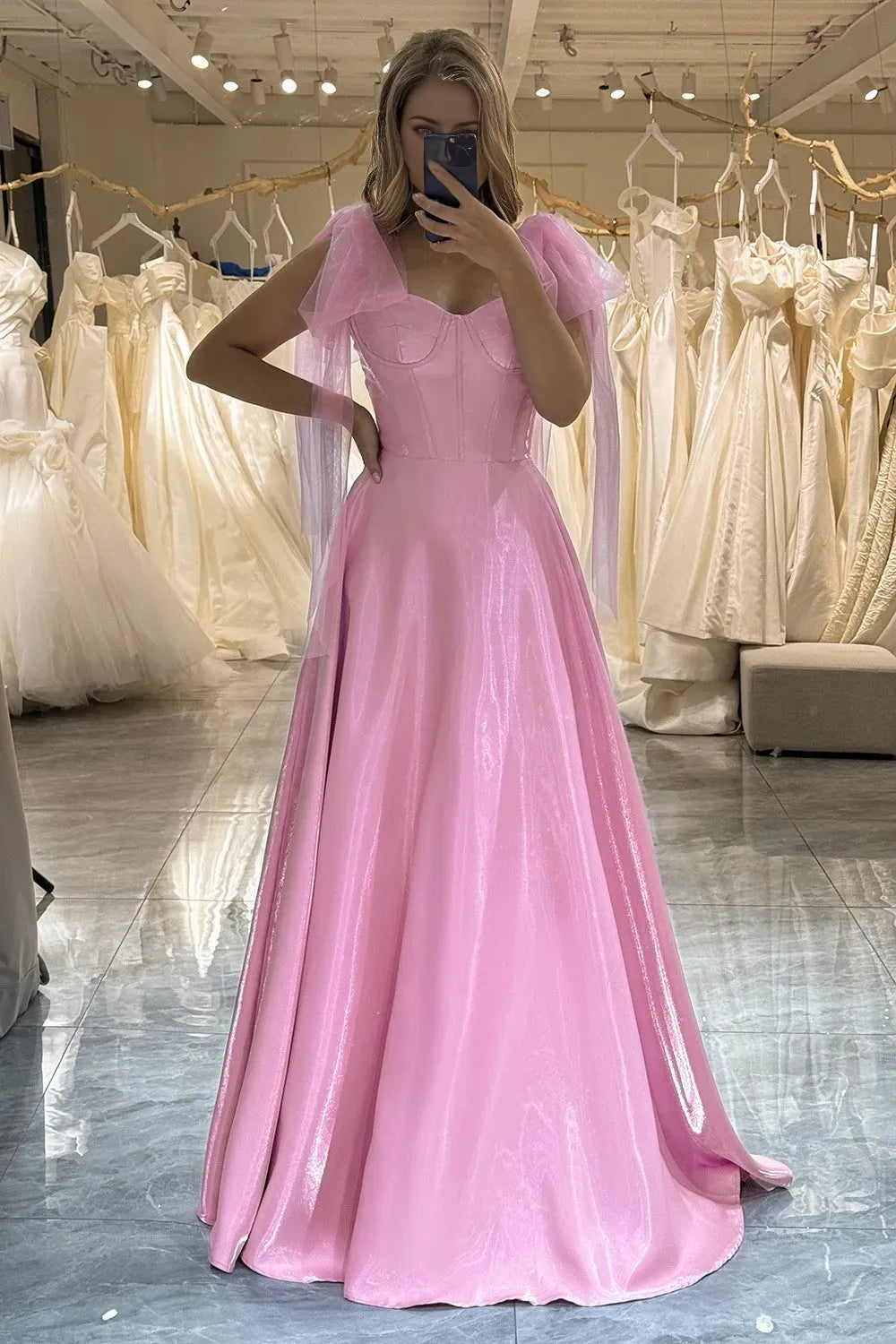 Wholesale Pretty Pink A-Line Backless Long Prom Dress With Detachable Straps prom dress in store