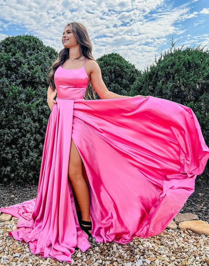 Wholesale A-Line Hot Pink Prom Dress Side Split Evening Dress prom dresses shops