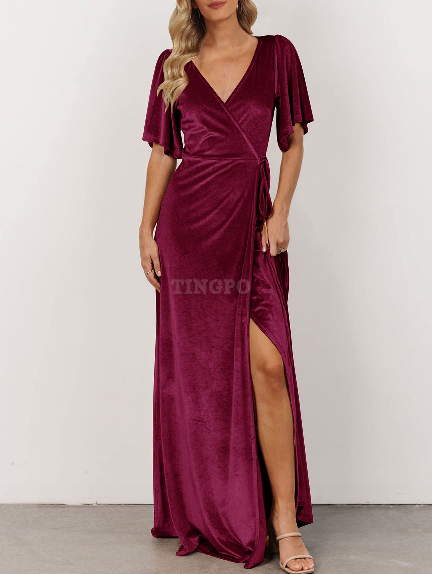 Wholesale Women's V Neck Wrap Velvet Maxi Dress Bell Sleeve Split Bridesmaid Cocktail Party Dresses prom dresses shops