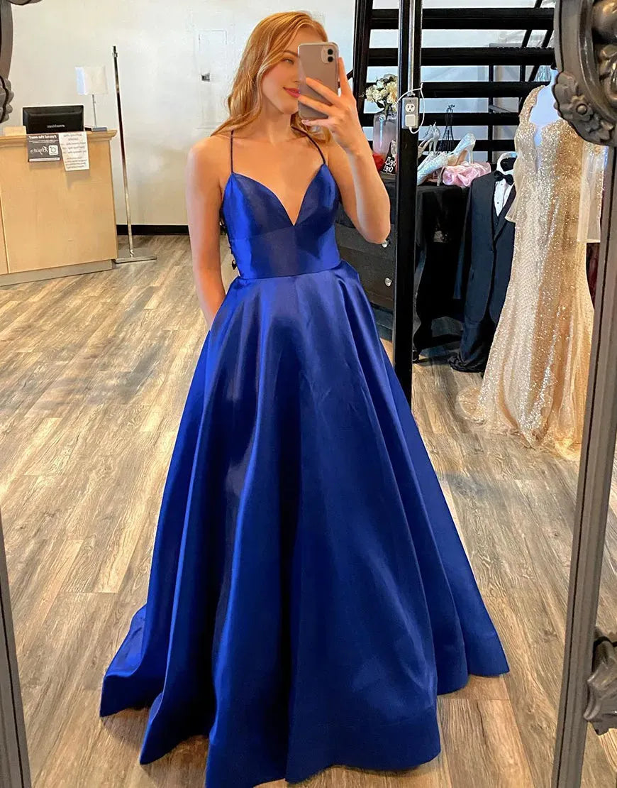 Wholesale A-Line Royal Blue Satin Spaghetti Straps Long Prom Dress prom dress stores formal wear dresses