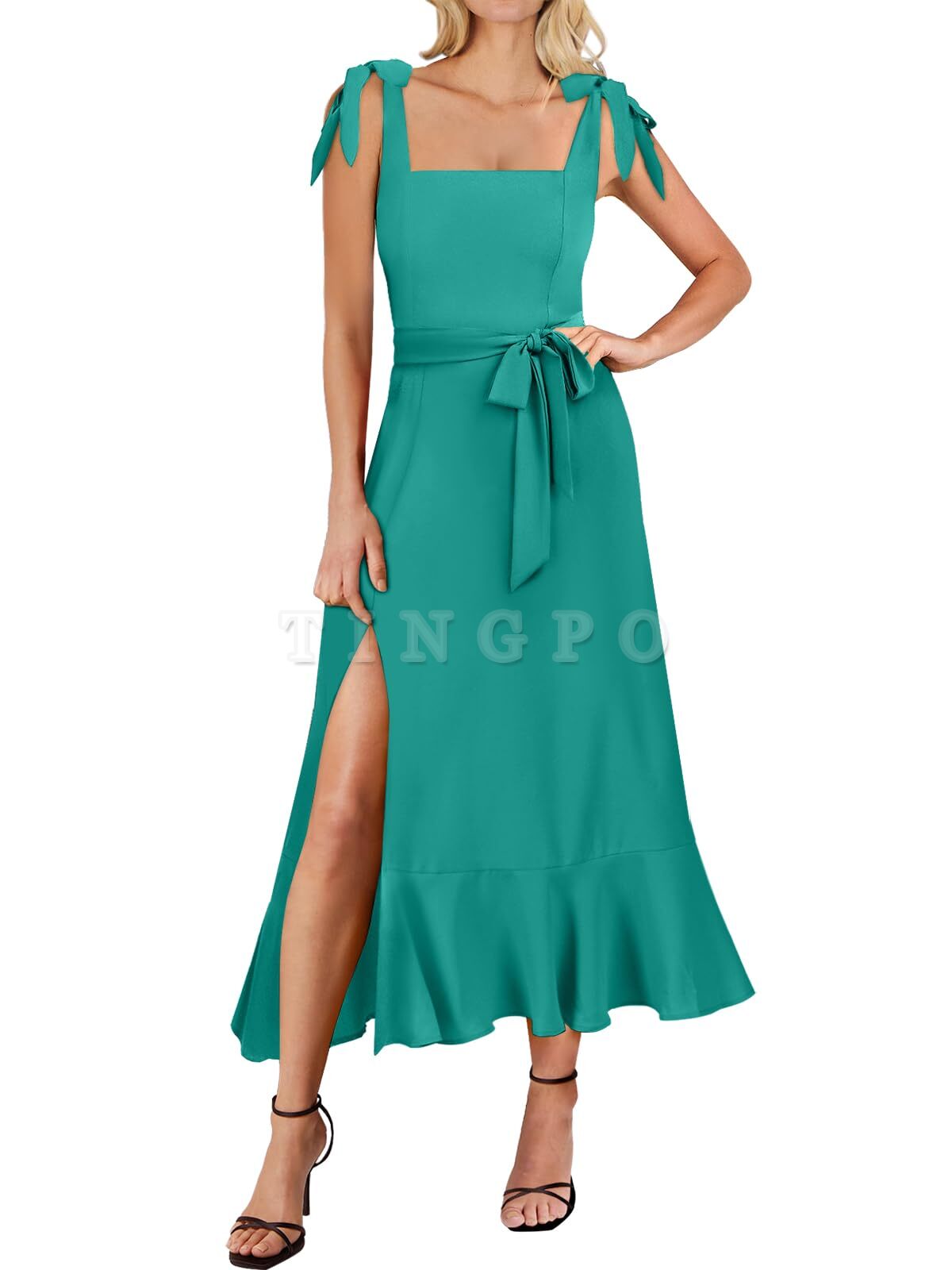 Wholesale Women's Square Neck Ruffle Split Midi Elegant Formal Wedding Guest Cocktail Bridesmaid Graduation Party Dresses prom dresses shops