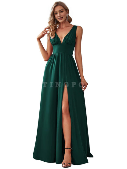 Wholesale Women's Bridesmaid Dresses Deep V-Neck Sleeveless Side Slit Floor Length Wedding Guest Dress prom dress shop ﻿