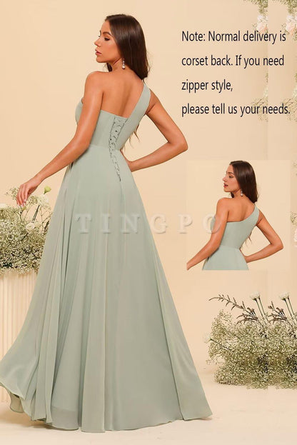 Wholesale Chiffon One Shoulder Bridesmaid Dress with Pleated Bodice Long A Line Prom Dress for Women prom dress shop