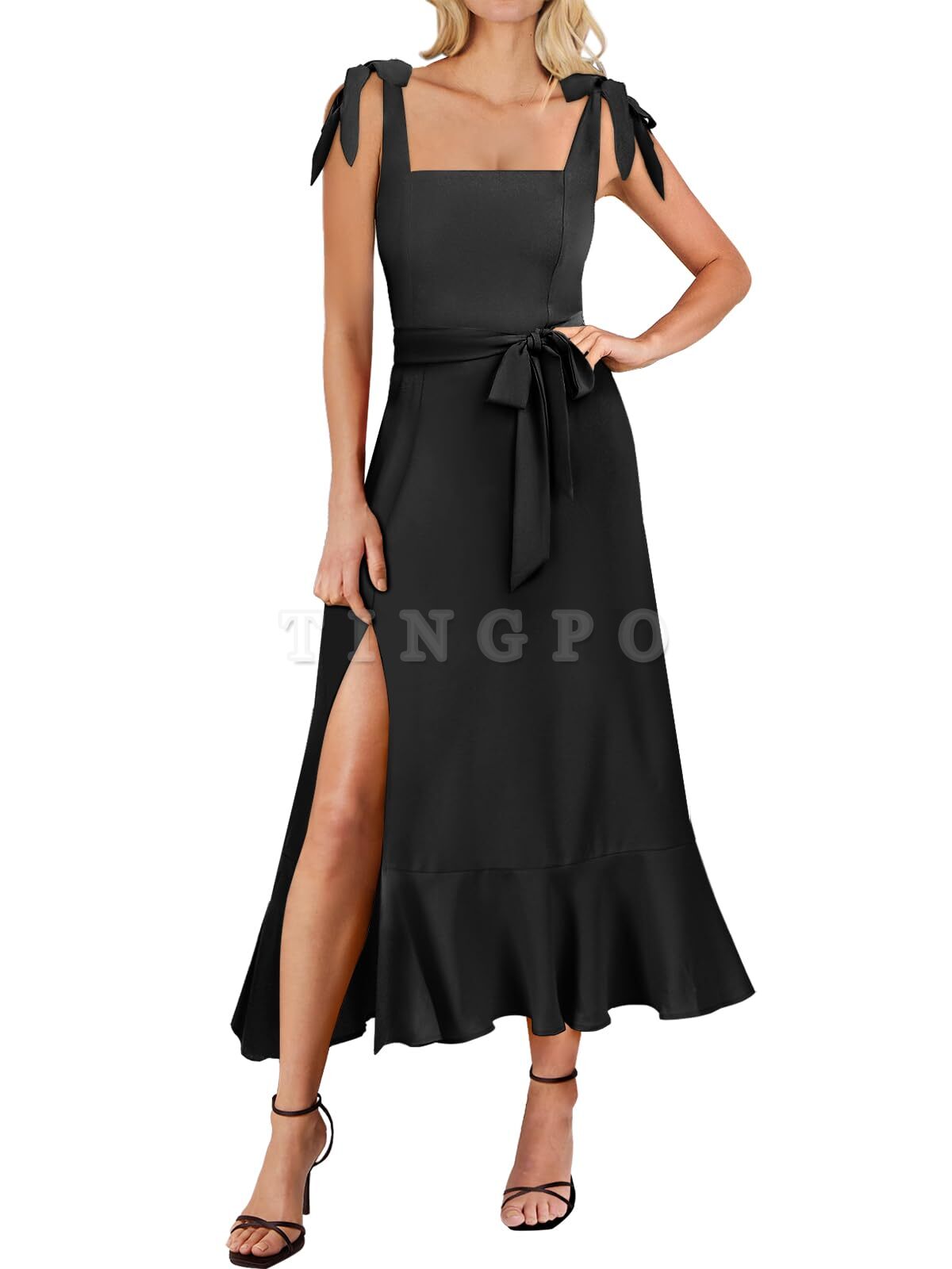 Wholesale Women's Square Neck Ruffle Split Midi Elegant Formal Wedding Guest Cocktail Bridesmaid Graduation Party Dresses prom dresses shops