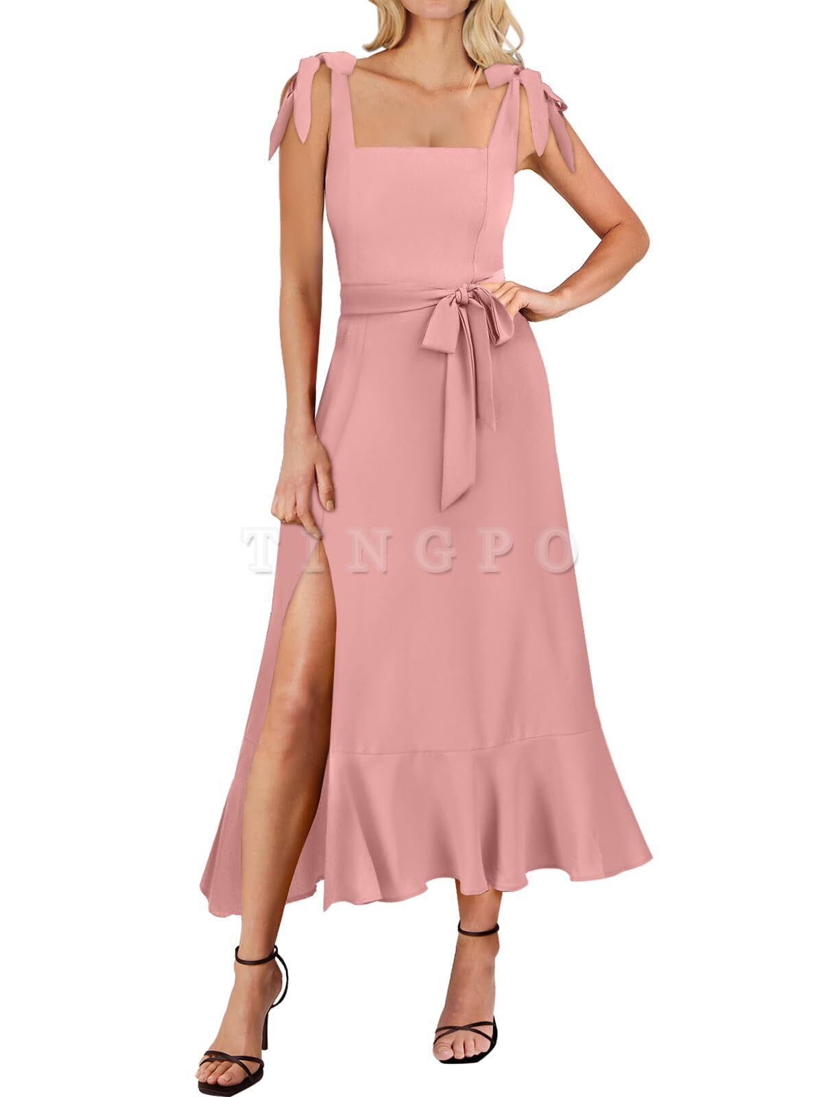 Wholesale Women's Square Neck Ruffle Split Midi Elegant Formal Wedding Guest Cocktail Bridesmaid Graduation Party Dresses prom dresses shops