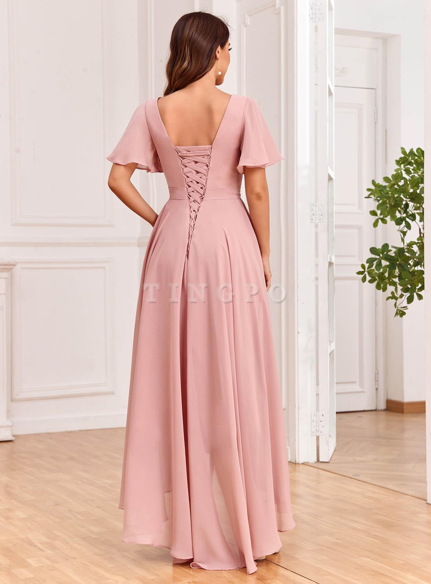 Wholesale Women's V Neck Bridesmaid Dresses with Sleeves Chiffon A-Line Pleated High Low Formal Gown prom dress shop