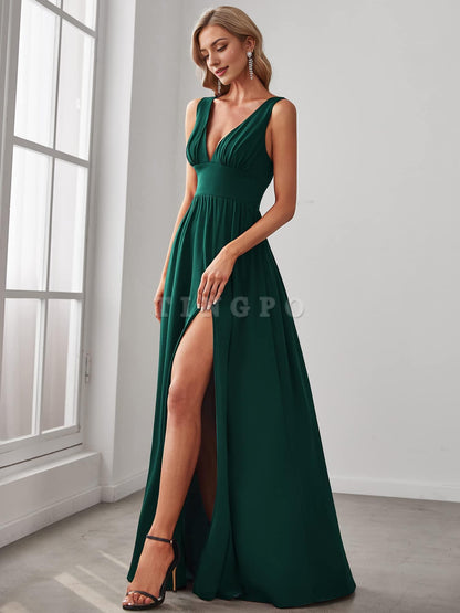 Wholesale Women's Bridesmaid Dresses Deep V-Neck Sleeveless Side Slit Floor Length Wedding Guest Dress prom dress shop ﻿