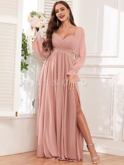 Wholesale Long Sleeve Bridesmaid Dresses for Women Chiffon Pleated Formal Evening Gowns with Slit prom dress shop